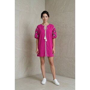 TCEC Mini Dress  Magenta V-Neck Short Puff Sleeves Embroidered
